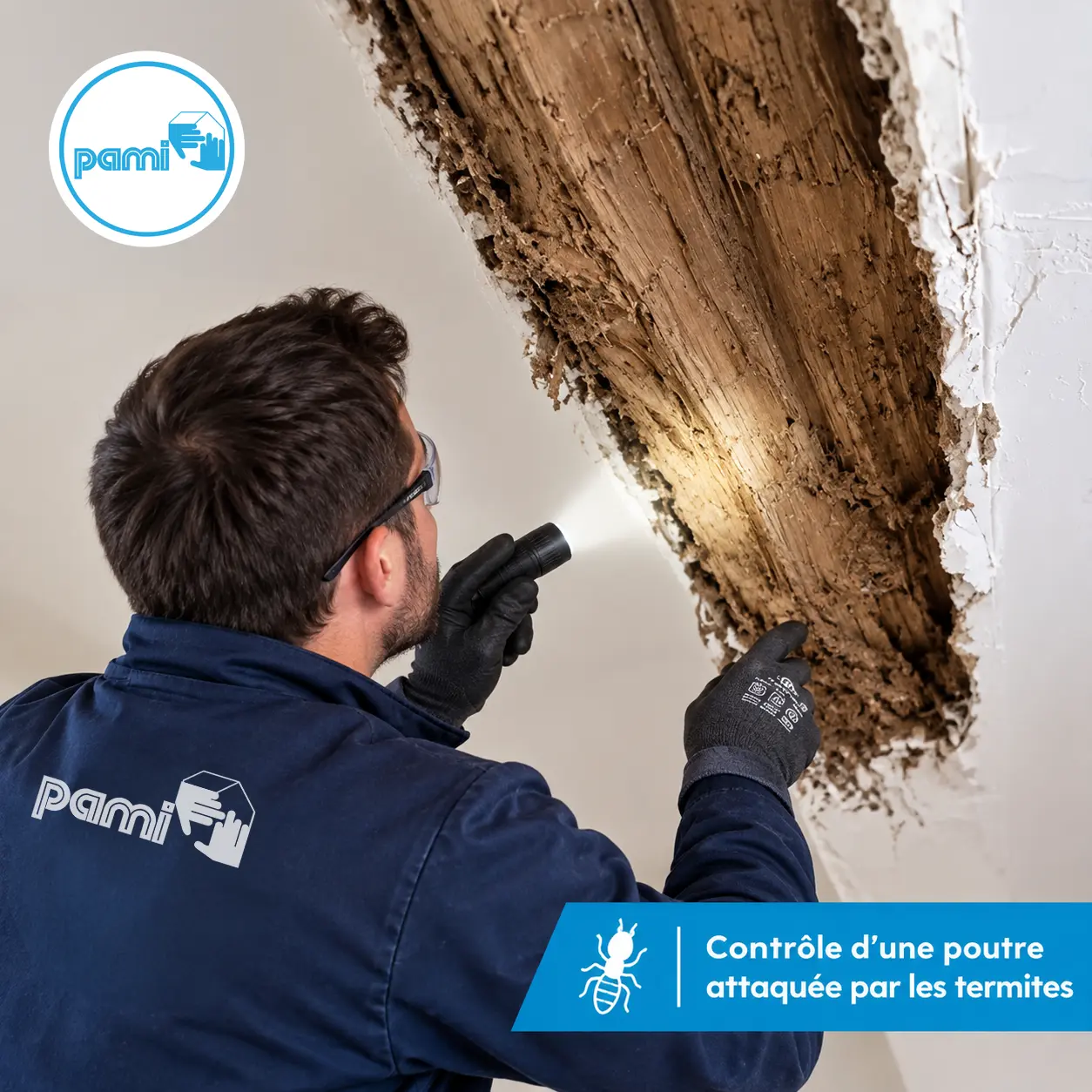 Technicien PAMI contrôlant une poutre attaquée par les termites