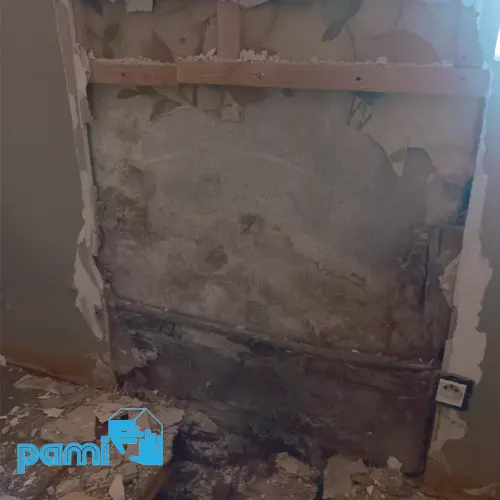 Cloison déposée dans une maison de Montauban : bois de bas de mur dégradé par un champignon lignivore avant traitement de la mérule par PAMI